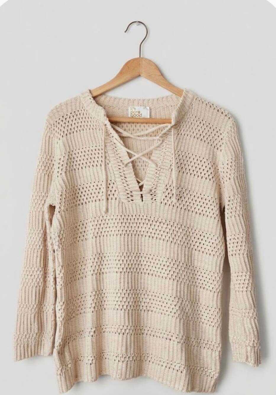 Vintage 1970s Cream Pullover Lace Up Woven Top Cottage Core Sweater Coastal Boho